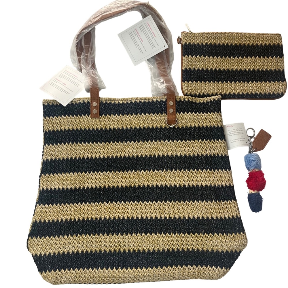 Thirty-One Around Town Tote - Navy Striped Straw 3 pc set pouch and charm NWT